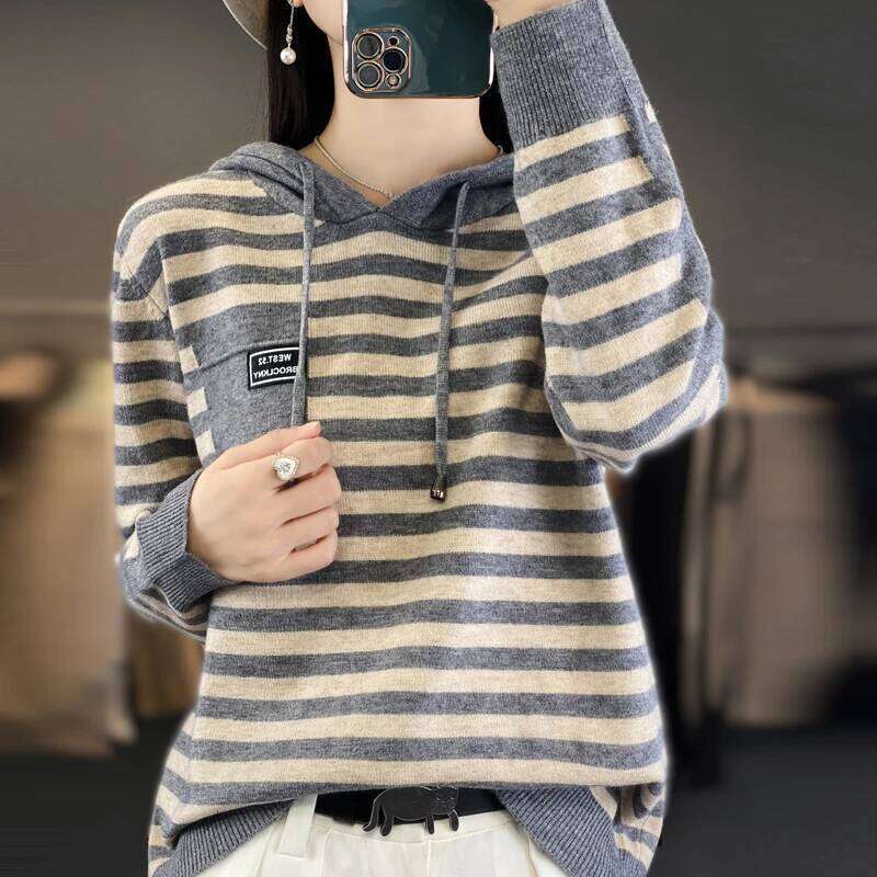 Winter Pure Wool Fashion Soft Sweater Autumn Female New Women Hooded Collar Strip Pullover Cashmere Loose Casual Knit Base Top Designer Sweater Bear S