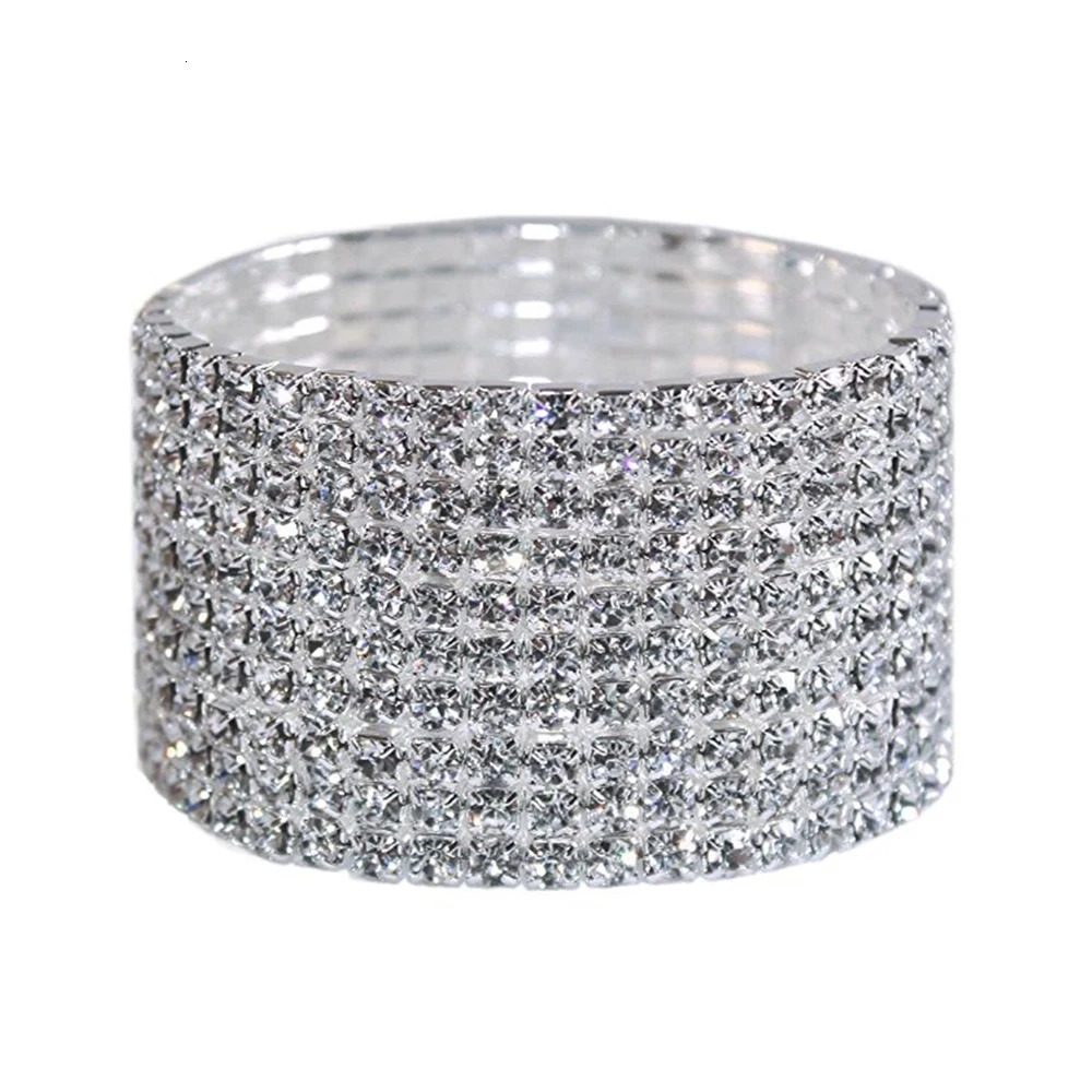 TREAZY 110 Rows Rhinestones Bridal Wedding Bangles GoldSilver Color Crystal Stretch Bracelet Women Wristband Elastic Jewelry 251031