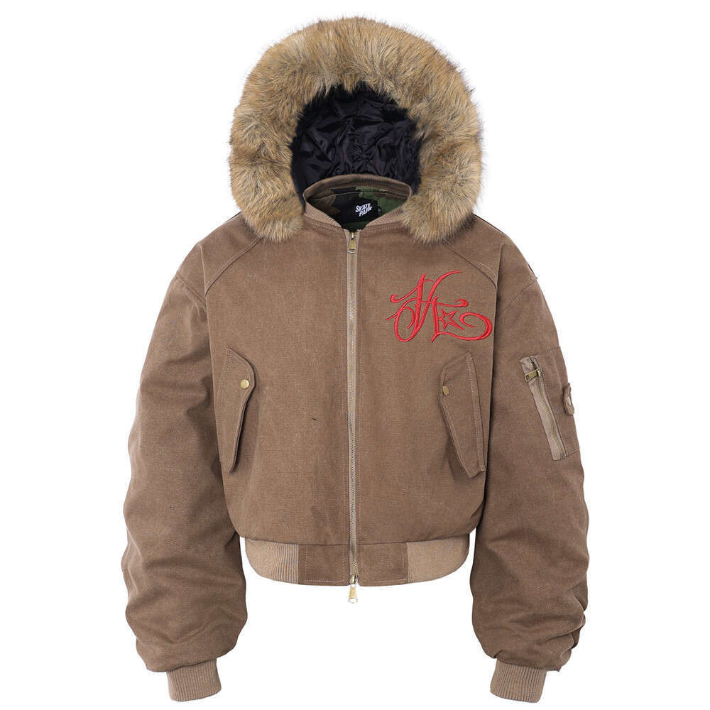 Letter Embroidery Hooded Cotton Flight Men's Winter Wrinkled Hat Fur Collar Detachable Baseball Jacket Coat