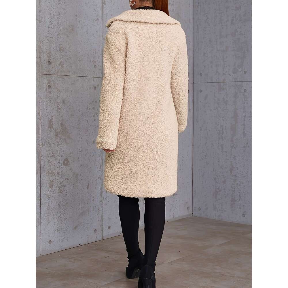Chic Coat Chic Cozy Women's Faux Fur-Lined Mid-Length Winter Coat | Stylish Beige Outerwear With Pockets, Long Sleeves, Button-Up Design - Perfec