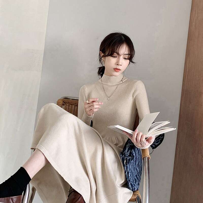 Coat Inner Layer Hepburn Style French Sweater Black Half Turtleneck Base Knitted Dress For Women Autumn Winter B5