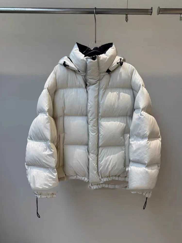 Winter Chic Patchwork Hooded Puff Down Jacket Women 90White Duck Down Loose Down Jacket Female Zipper Drawstring Parker OutwearT251105