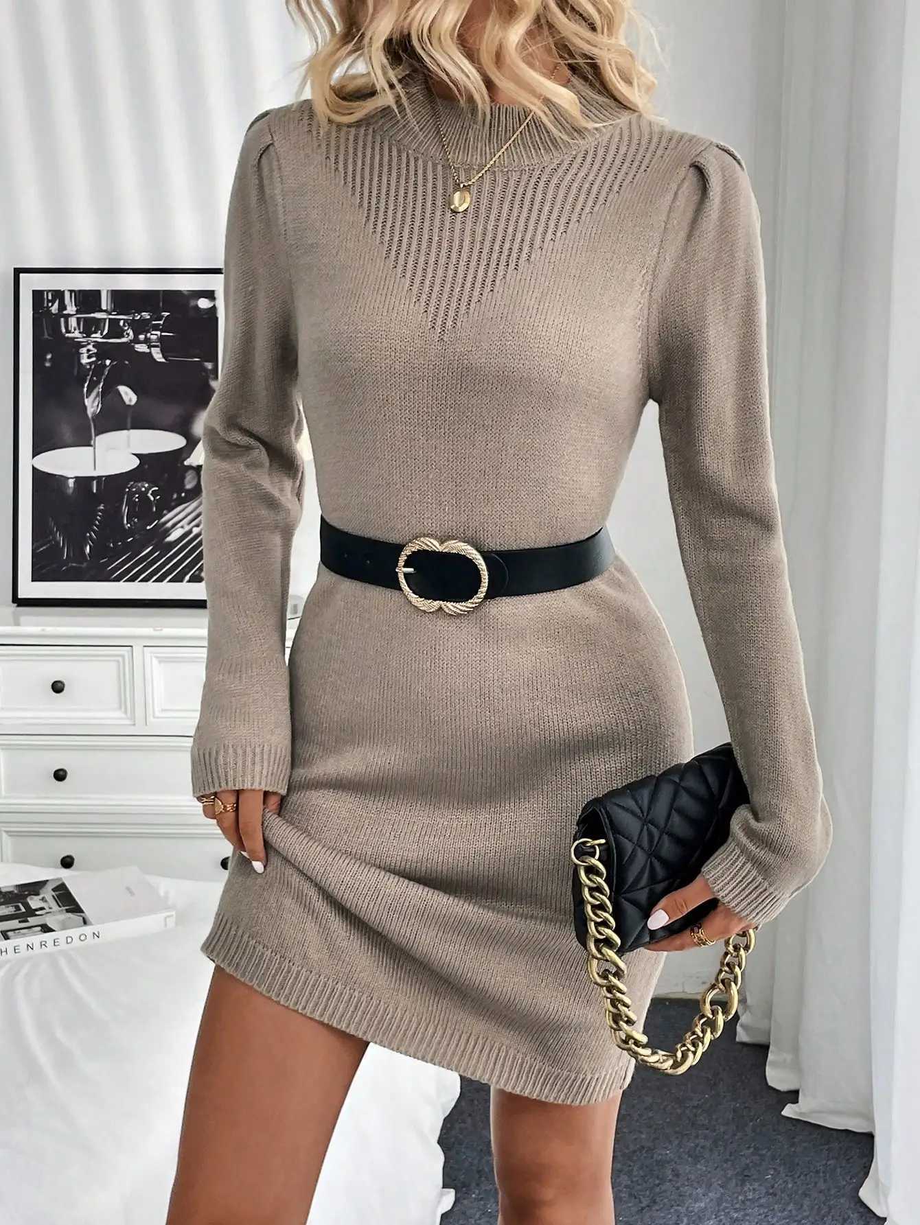 Autumn and winter standing collar long sleeved new knitted dress J251105