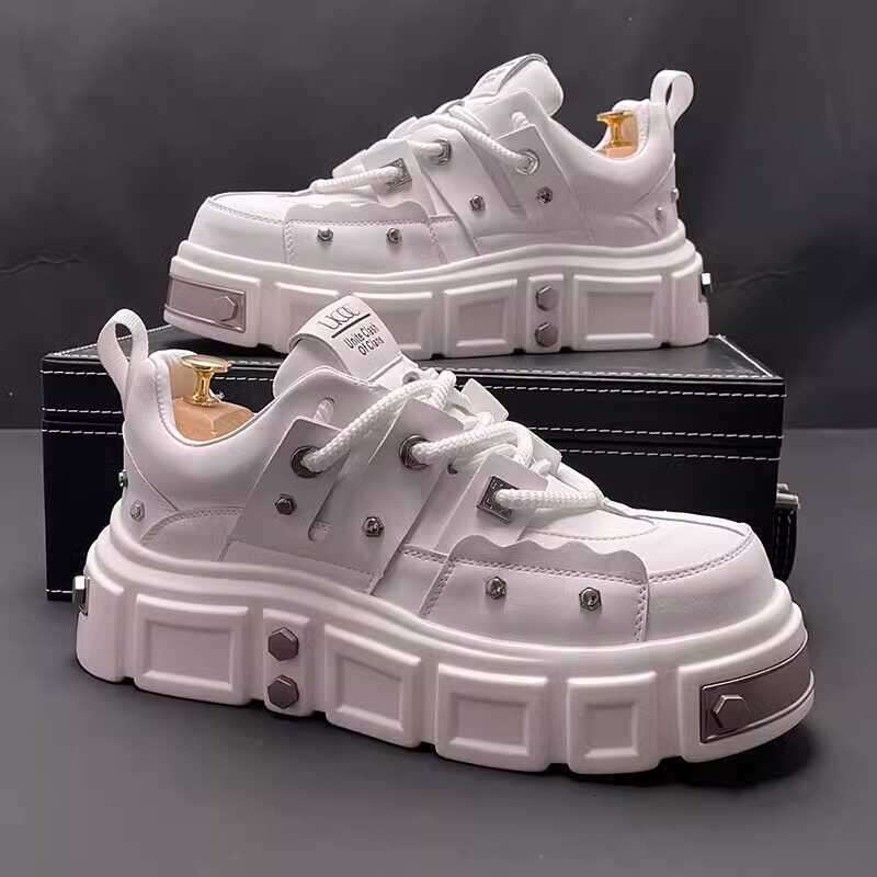 European Thick-Soled White Sneakers Men, High-End Fashion Studded Casual Height-Increasing Street Style Dad Shoes, Soft Leather for Men