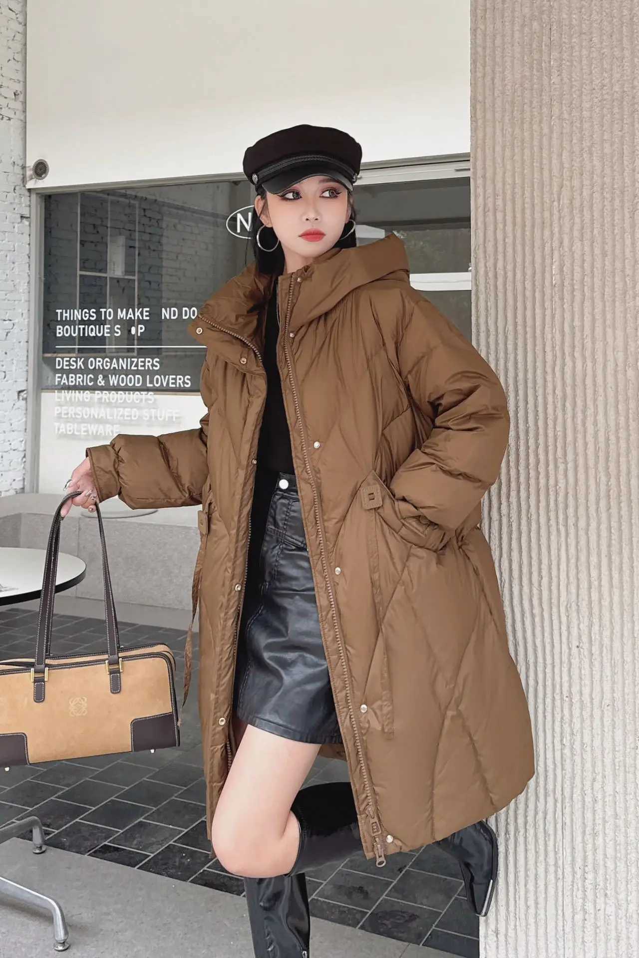 Winter Solid Hooded Mid Length Down Jacket Female Thicken Warm Puff Jackets Women White Duck Down Double Zipper Parker OutwearsT251105