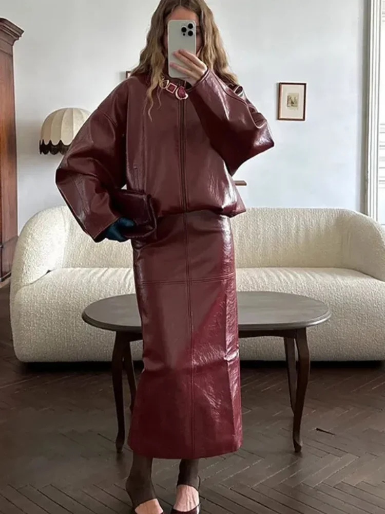 Leather Fashion Jacket Skirt Sets Women Zipper Loose Street Stand Collar Coats Straight Midi Skirts Suits 2025 Autumn Party Chic 251105 - view 5