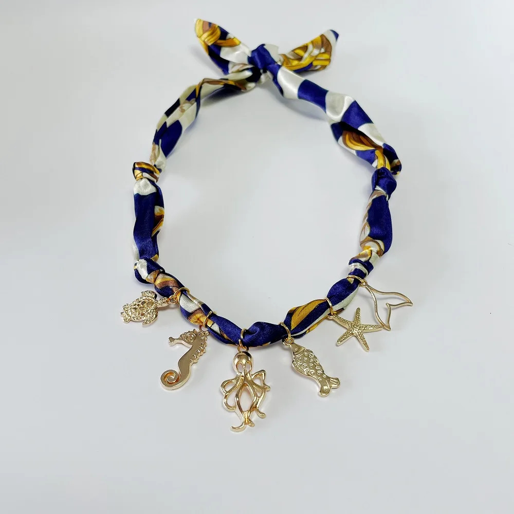 Blue Bandana Necklace Featuring Ocean Animal Charms Fashion Scarf Pendant for Women AutumnThemed Accessory Gift 251031