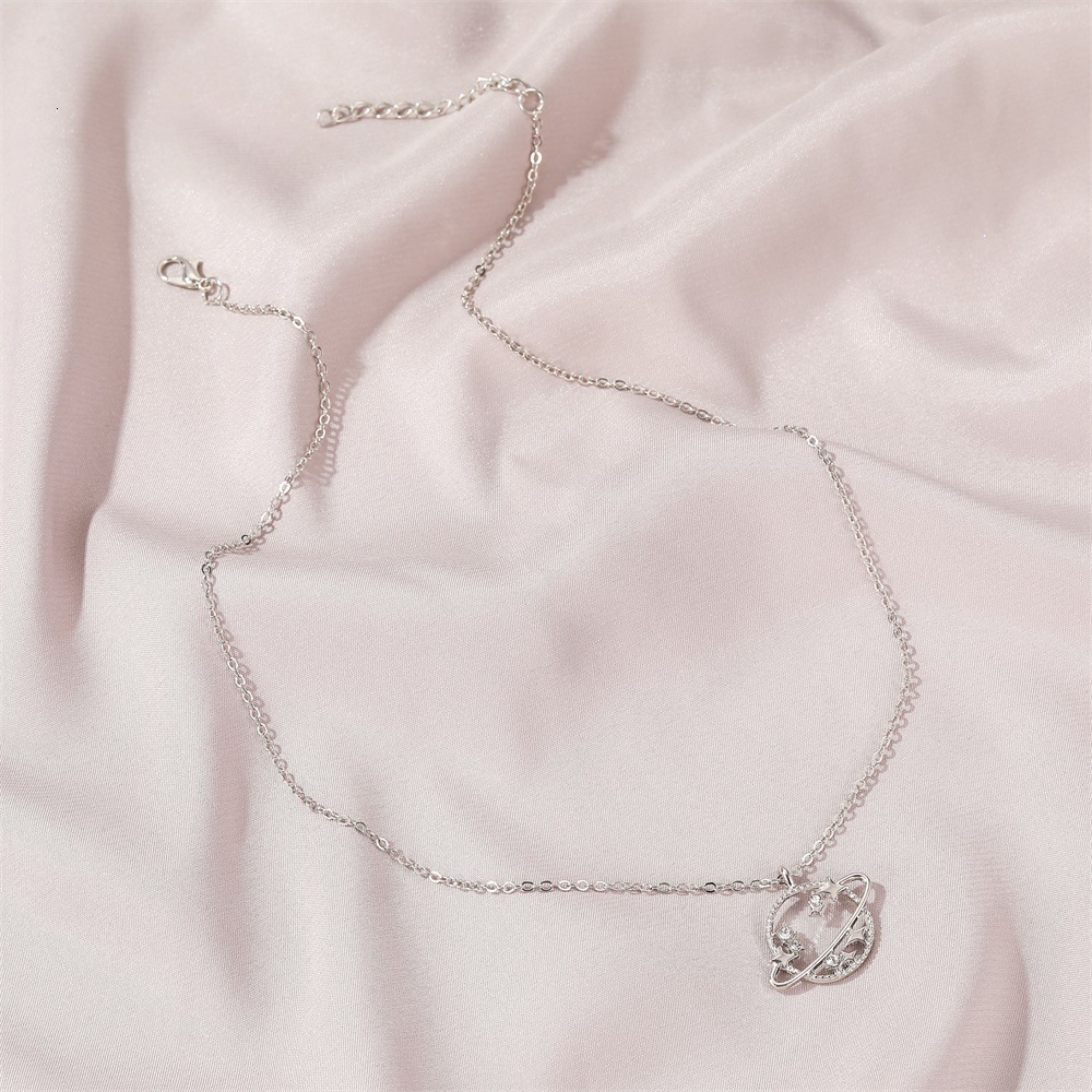 Korean Version New Fashion Hollow Planet Necklace Same Style Collarbone Simple Zircon Small Universe Set Chain