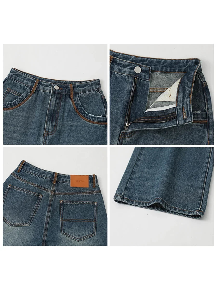 CHIC VEN Womens Jeans Blue Retro High Waist Contrast Cotton Wide Leg Trousers SpringSummer 250403