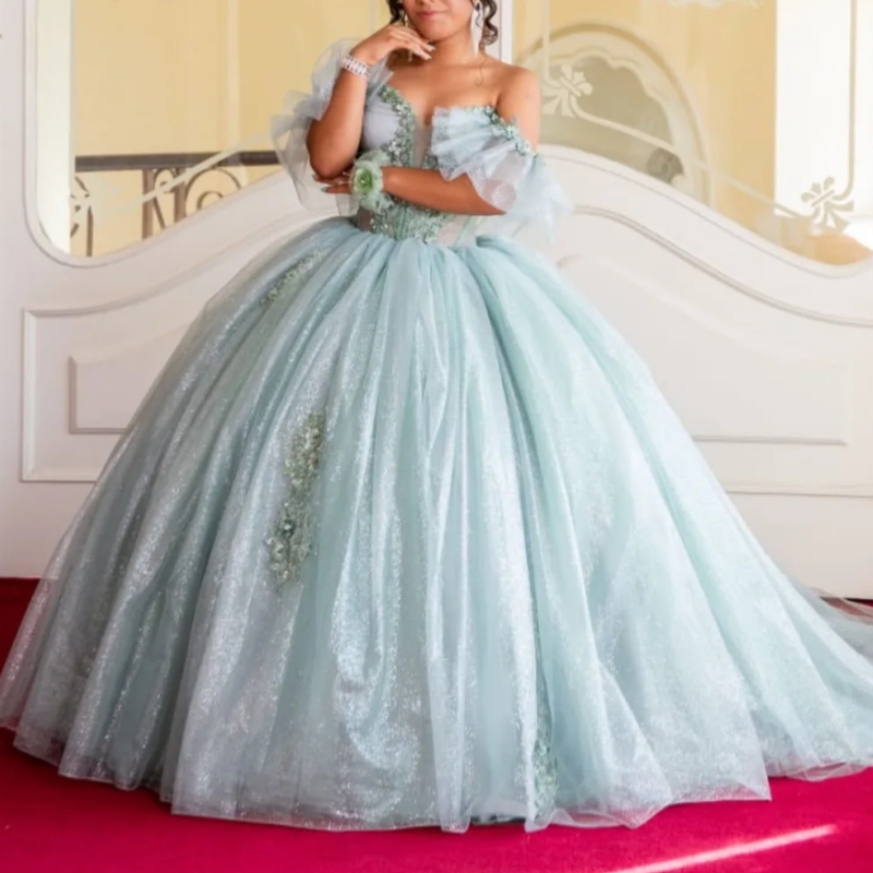 Aqua Blue Shiny Quinceanera Dresses Off The Shoulder Applique Lace Beading Crystal Tull Party Birthday Sweet 16 Dress Vestidos 15 Anos