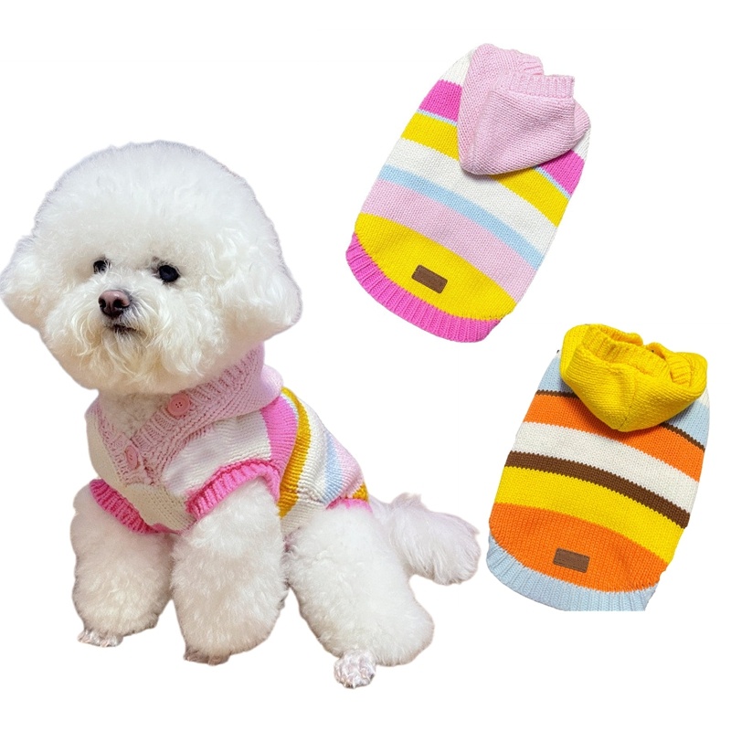 Colorful Striped Pet Dog Knitted Sweater, Hooded Design for Warmth, for Small Medium Dogs, Cute Dog Apparel with Button Detail, Perfect for Cold Weath