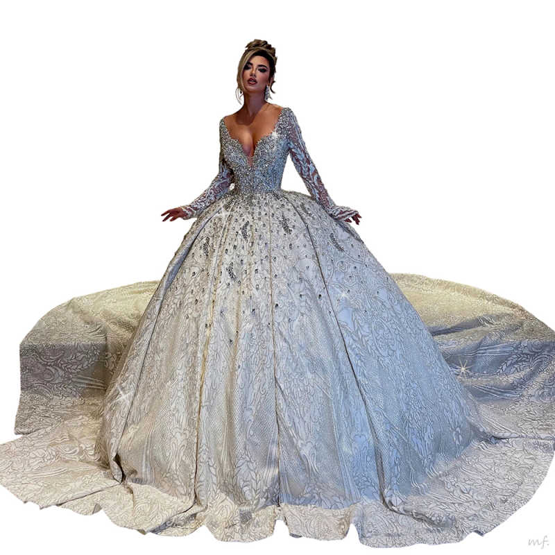 Luxury Wedding Dresses V Neck Long Sleeve Shiny Beaded Rhinestone Ball Gown Formal Occasion Dresses Customized Vestidos De Novia