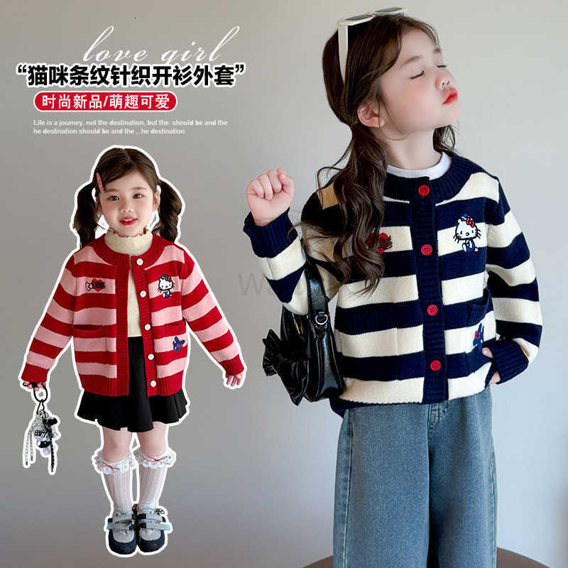 Sanrio Girls Knitted Cardigan Jacket 2025 Autumn New Baby KT Cat Cartoon Striped Sweater Loose Top Spring Autumn H251105