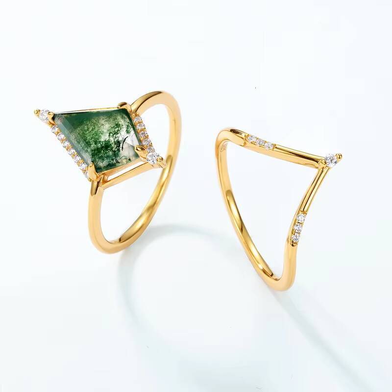 925 Sterling Silver Jewelry Plated Moissanite Ring Kite Cut Natural Moss Agate Girls Engagement Ring