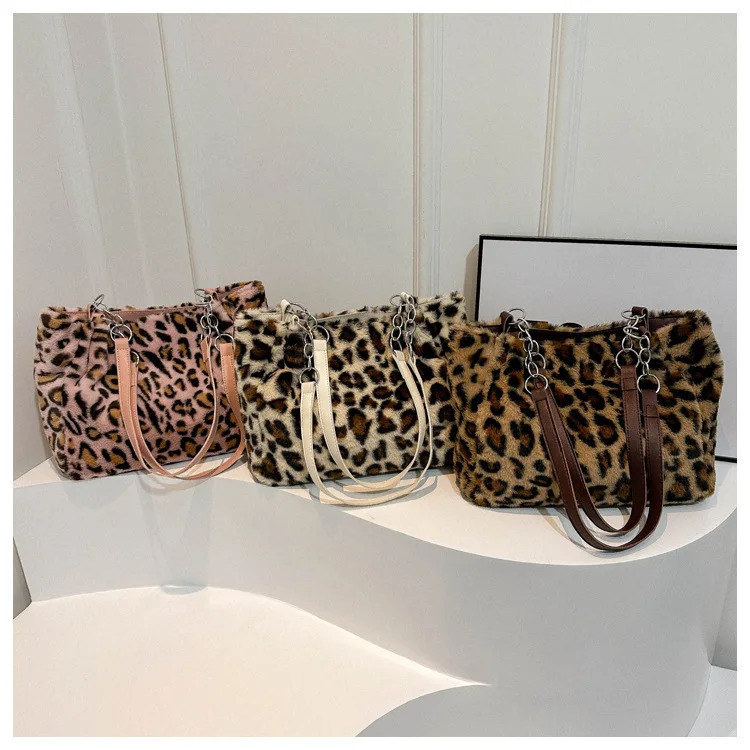 Vintage Leopard Ladies Plush Tote Bags Large Capacity Portable Womens Faux Fur Shoulder Bag Furry Casual College Handbags 251104