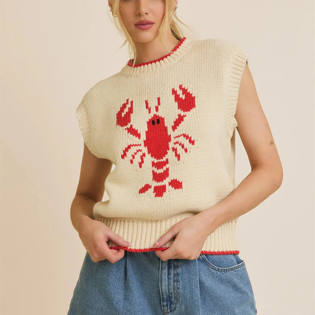 Womens Lobster Sweater Vest Y2k Cap Sleeve Tops Cute Graphic Knit Tank Tops Lightweight Pullover Sweaters Knitwear 251104