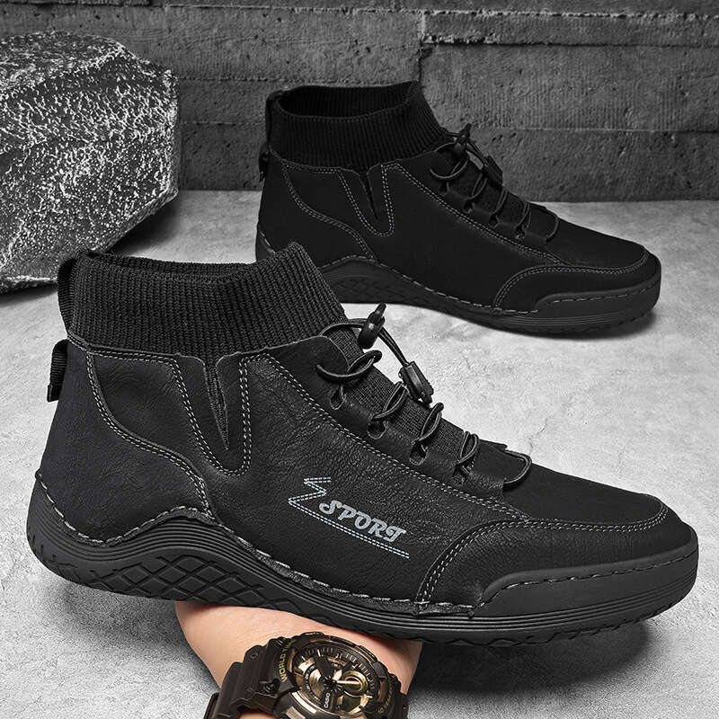 Large size winter plush Martin high top elastic band, warm cotton boots, men's casual leather shoes 9606