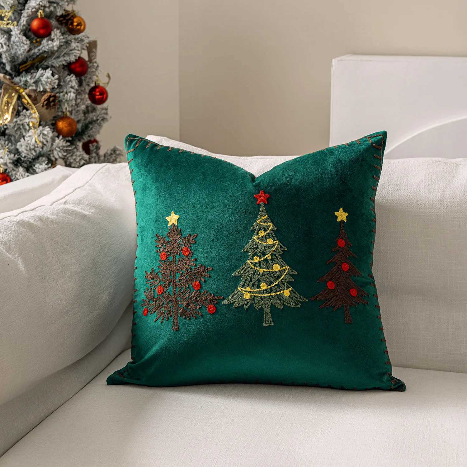 45x45cm Christmas Tree Embroidered Cushion Cover Festive Living Room Decor 2025 2026 Xmas New Year Gift Y251105
