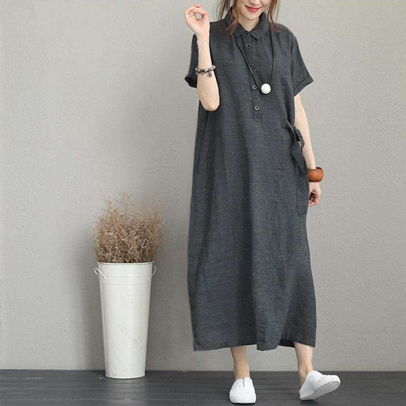 Cross-Border New POLO Cotton Linen Turn-Down Collar Short Sleeve Loose Pocket Elegant Women's Casual Dress B5