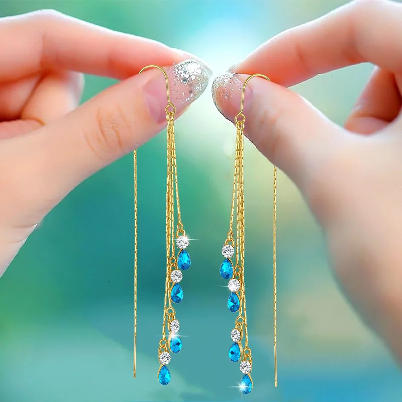 Temperament Green Zircon Drop Earrings For Women Korean Fashion Long Tassel Rhinestone Earring Wedding Party Jewelry 251131