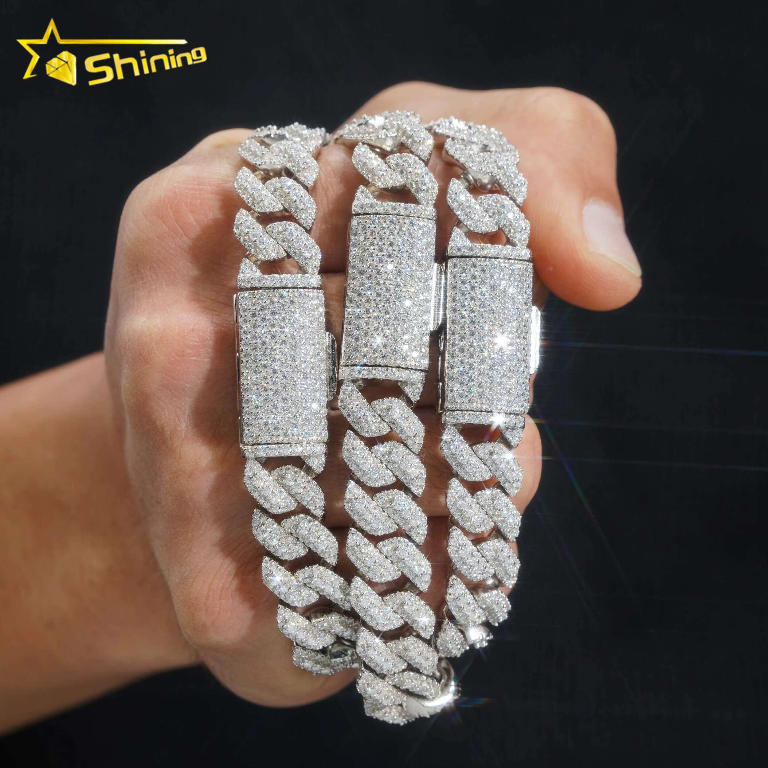 Top Quality Bling Shining 925 Sterling Silver 3 Rows 13mm Width Moissanite Diamond Cuban Link Bracelet
