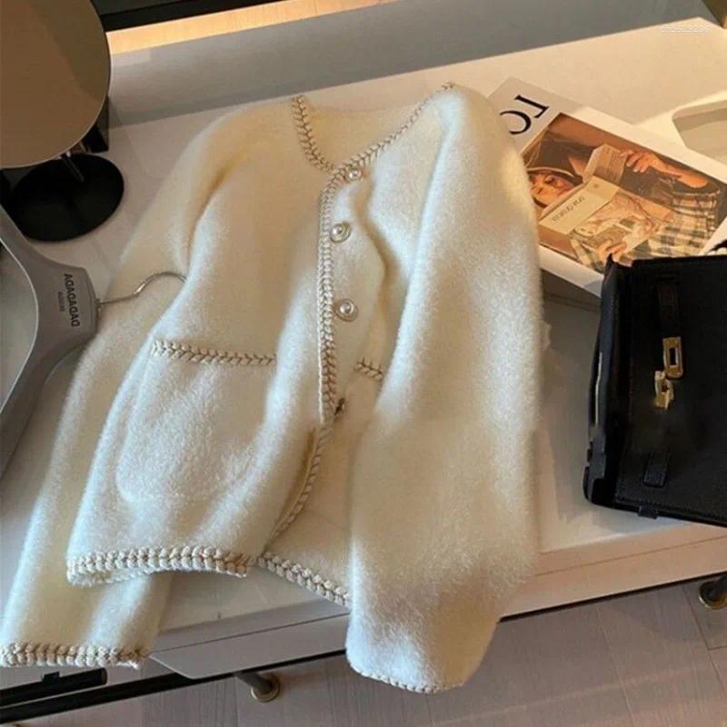 Women's Jackets Small Fragrant Wind Pearl Buckle Sweater Cardigan Spring And Autumn White Gentle Soft Milk Mink Velvet Knitted Coat M-3XL