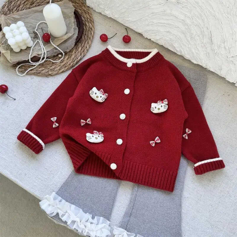 Sanrio Hello Kitty Kids Sweater Girl Cartoon Kawaii Fashion Cardigan Bow Knit Sweet Coat Spring Autumn Clothes Girls Gift New H251105