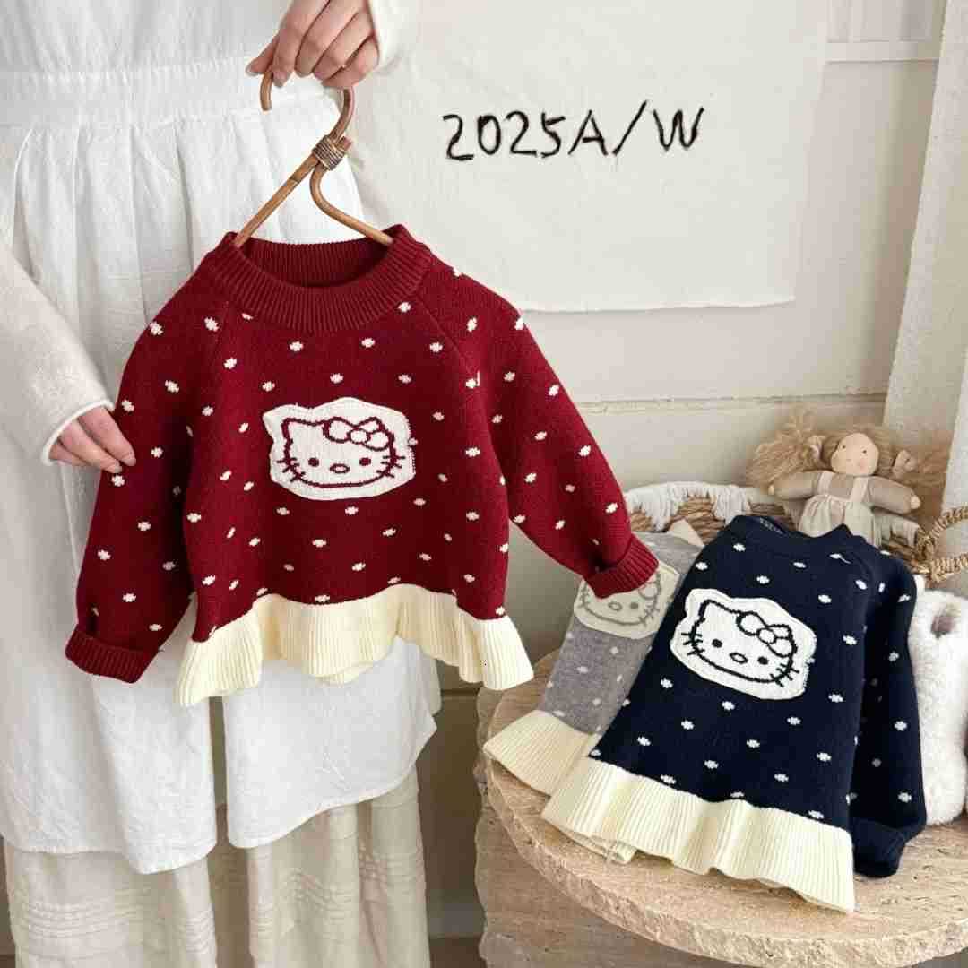 Sanrio Girls Sweater Autumn Winter 2025 New Fashionable Baby KT Cat Tassel Childrens Autumn Knitted Sweater Inner Wear Yarn H251105