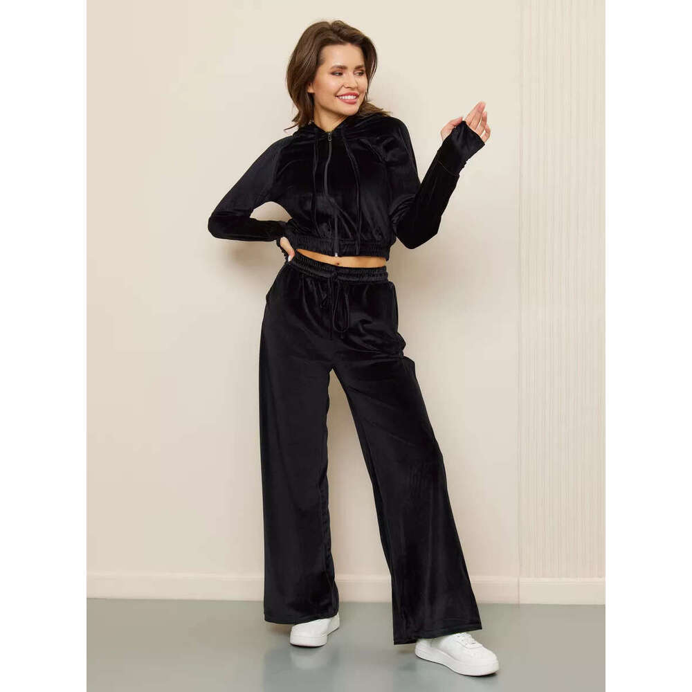 European And American Fashion Casual Women's Solid Color Zipper Cardigan Silver Fox Fleece Sweatshirt Tie Pants Two-Piece Set B5