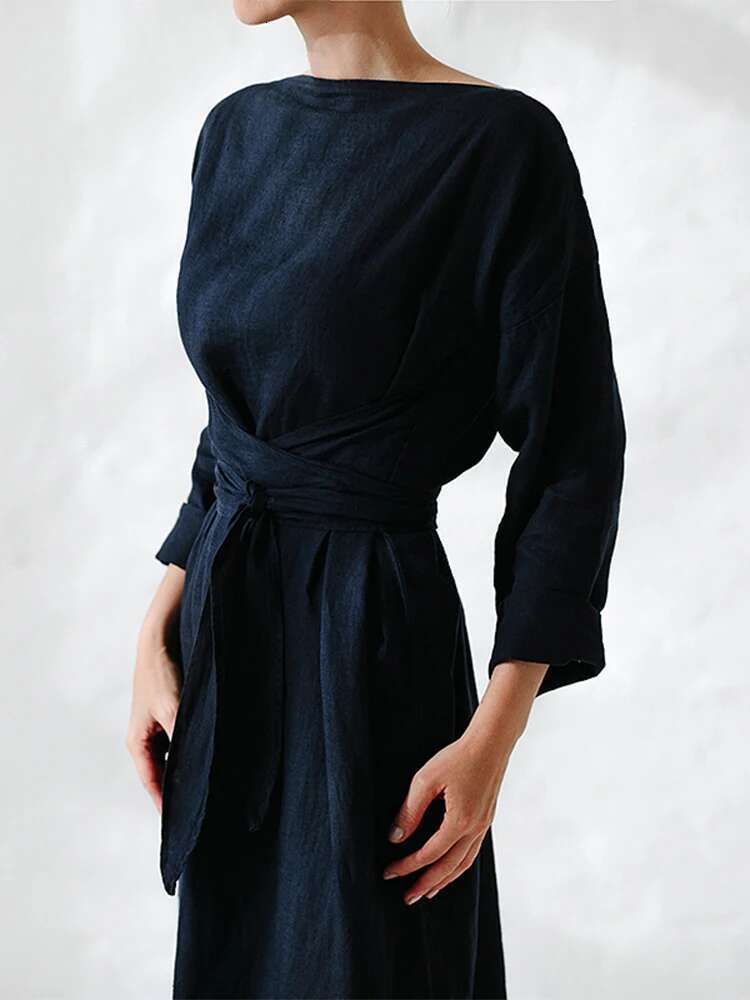 Elegant Lady Vintage Chic Spring Women Long Sleeve Cotton En Dress Casual Solid Bikini Lace-Up Sunshade Cover-Ups