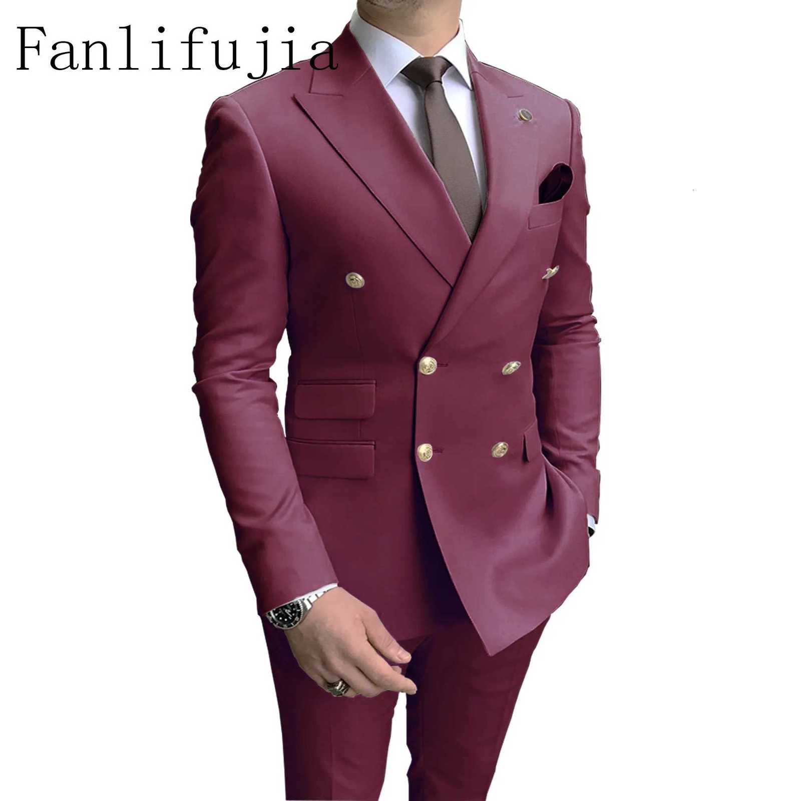 Fanlifujia Store Navy Men Party Tuxedos 2 Pieces Latest Peak Lapel Men Suits Gold Buttons Fashion Style Suits Double Breasted K251105