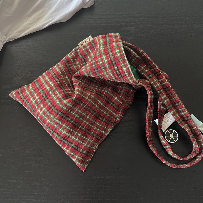 Contrast Color Plaid Wool Shoulder Bags for Women Fall Winter Portable Casual Tote Bag Large Capacity Female Christmas Handbags 251104