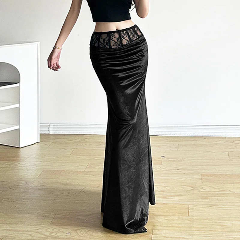 Gothic Dark Elegant Shopping Center Velvet Trumpet Skirt 250324
