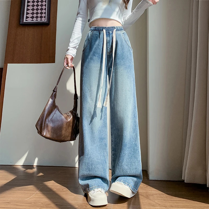 L6XL Plus Womens Large Size Jeans Spring High Waist Straight Blue Mens Wide Leg Loose Brushed 250403