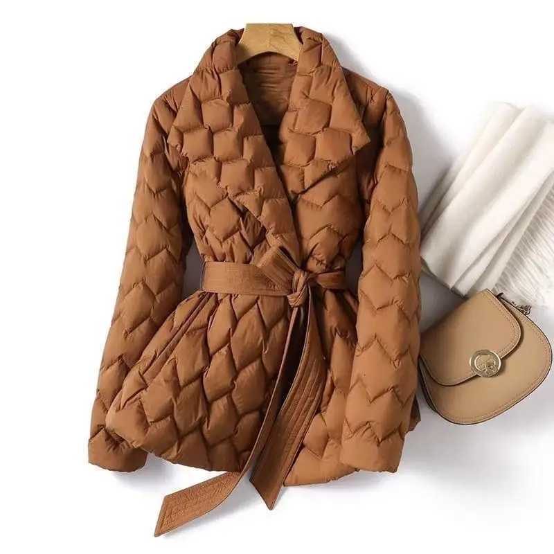 Lightweight Down Jacket With Belt Women Elegant Tie Belt Long Cotton White Duck Down Parka Female Ladies Jackets Winter CoatsT251105