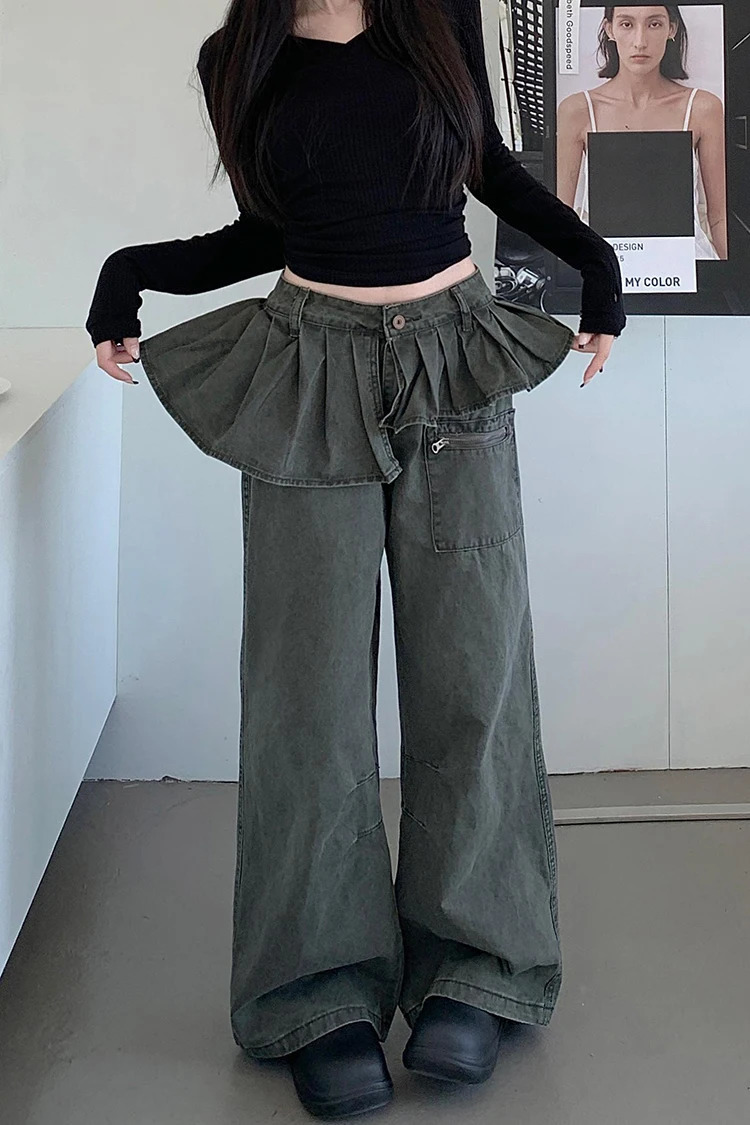 Korean retro high waisted pleated leather case wide leg Trouser Y2K womens bagged denim pants 250403