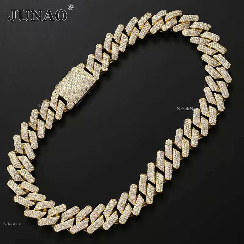 JUNAO 20mm Width Sier Rose Gold Plated Brass Chain Hip Hop Cuban k Dia Bracelet Necklace Jewelry for Men and Women