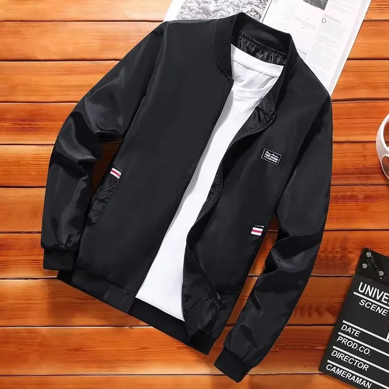 Mens casual long sleeved zipper baseball collar bomber jacket fashionable and regular suitable for spring windproof 250324