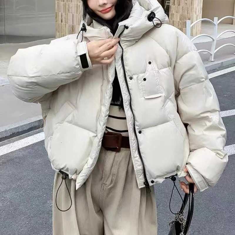 Winter Short Puff Hooded Solid Down Jacket Female Zipper Drawstring Quilted Jackets Women White Duck Down Pocket Parker OutwearsT251105
