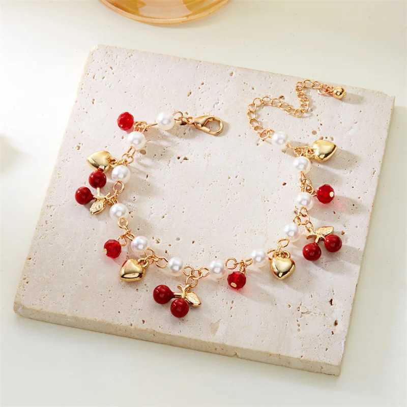 Sweet Cute Red Strawberry Cherry Heart Pearl Charm New Fashion Y2K Fruit Gold Color Chain Jewelry Party Gifts 2025 C251105