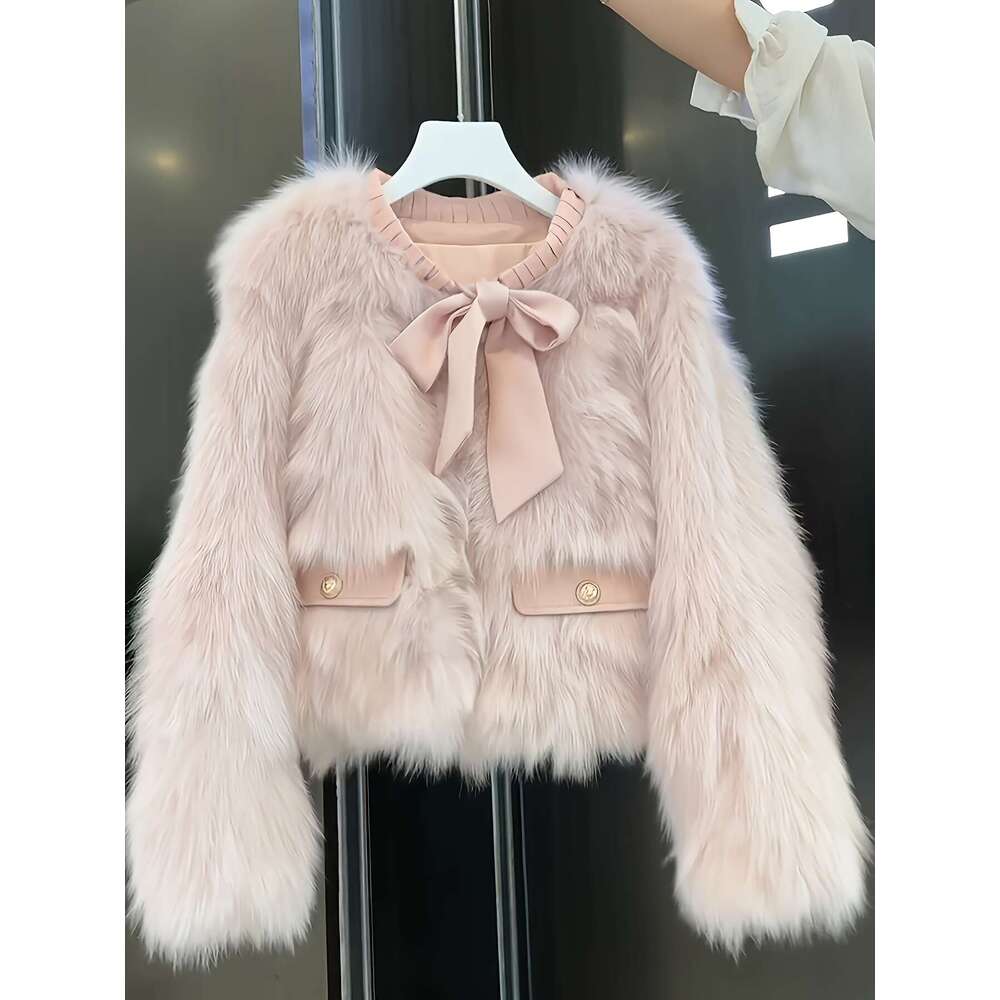 Cozy Jacket Pink Faux-Fur Trim Jacket Women | Winter Plush Collar Fringe Hem Coat, Elegant Short H-Line Silhouette, Single-Breasted Loose Fit For Casu