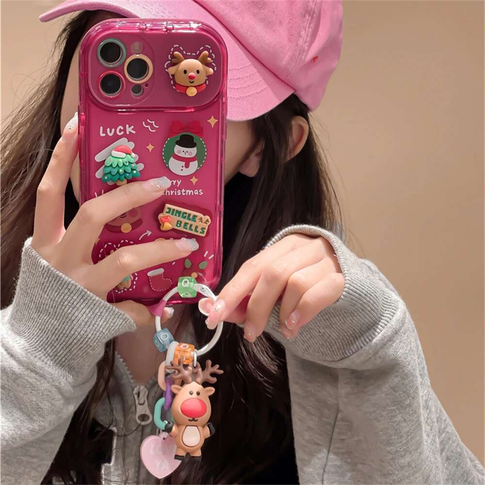 Korea Cute Cartoon Christmas Elk Pendant Case For iPhone 16 15 14 13 12 11 Pro Max XR Santa Claus Keychain Soft Shockproof Cover