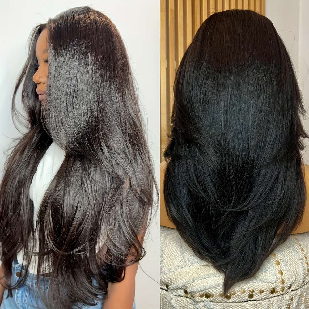Yaki Straight Human Hair Wig With 13X4 Transparent Lace Front 180% Density Brazilian Hair, Pre-Plucked Natural Hairline, Tiny Knots Shoulder-Length 14
