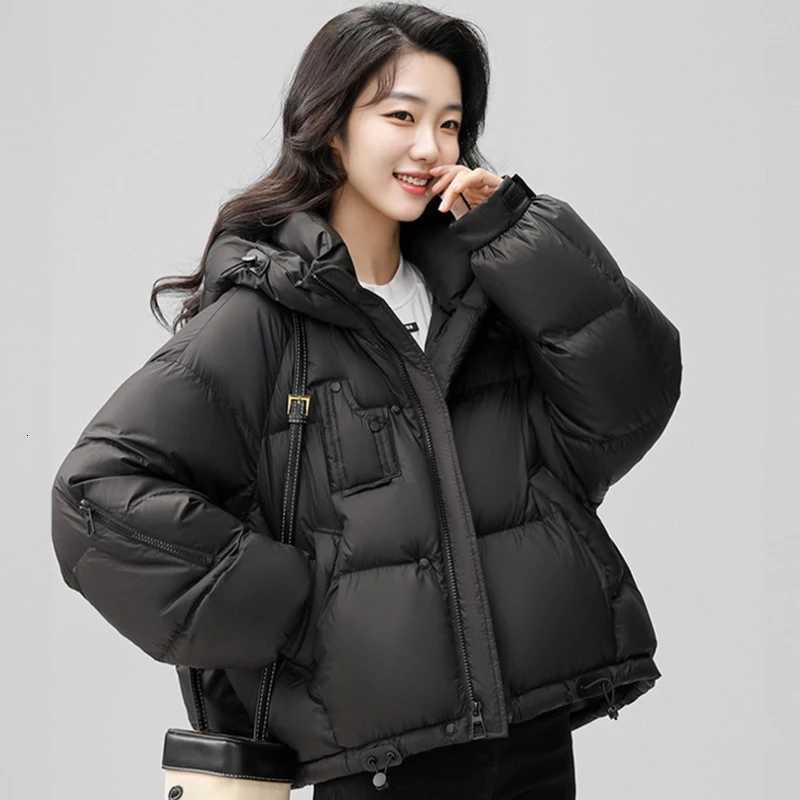 Winter Short Puff Hooded Solid Down Jacket Female Zipper Drawstring Quilted Jackets Women White Duck Down Pocket Parker OutwearsT251105