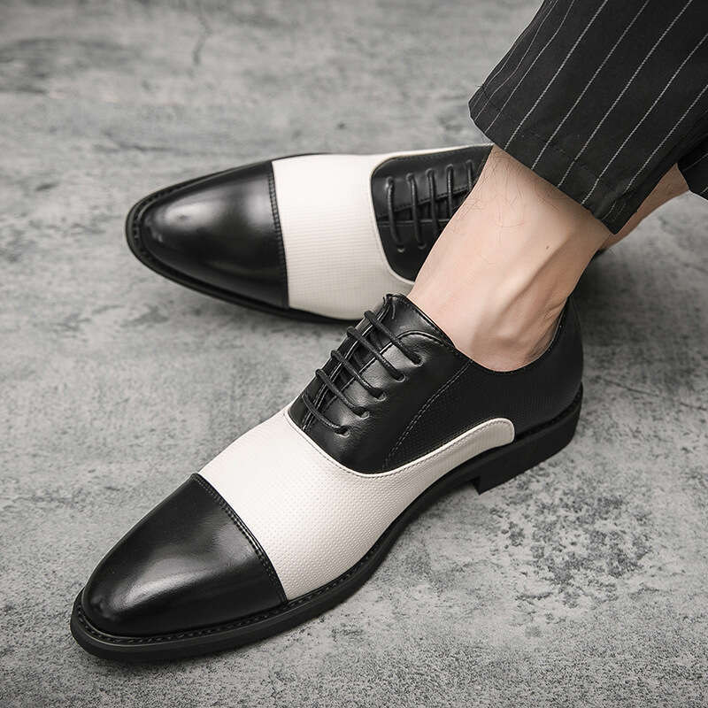 Large size color blocking pointed leather for men's low cut trendy business shoes, spring and autumn new lace up formal casual shoes