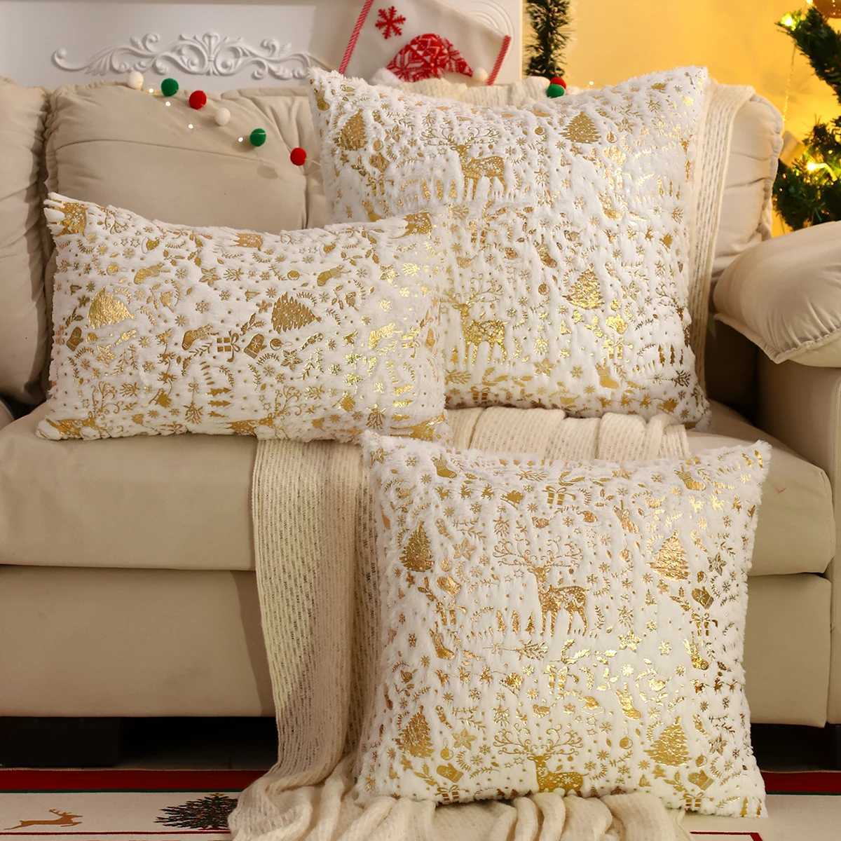 1 PC Christmas Tree Throw Pillow Cover Winter Plush Bronzing Christmas Decoration Living Room Y251105