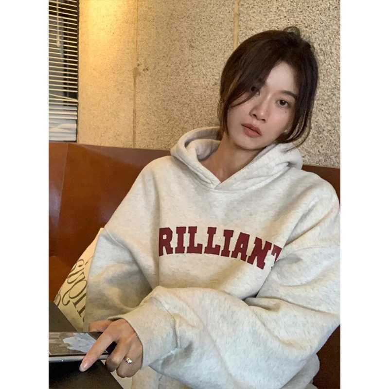 Oversize White Gray Hoodie Women Autumn Winter 2025 New American style Long sleeves Pullover Sweatshirt Y2K Tops Ladies clothingT251105