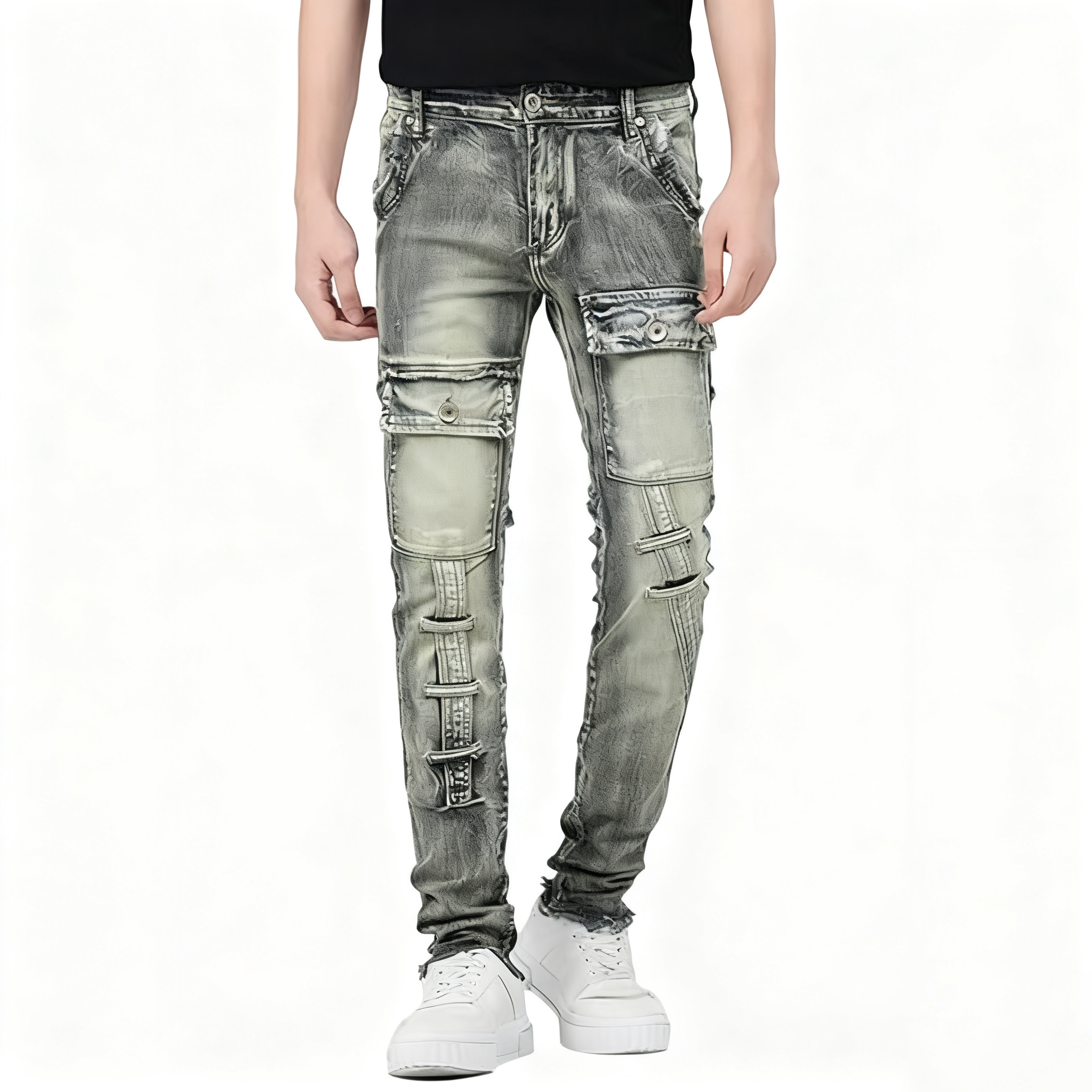 Designer Men's Jeans European And American Retro Motorcycle Multi Pocket Jeans Men's Trend Splicing High Quality Slim Fit Small Leg Pants Me