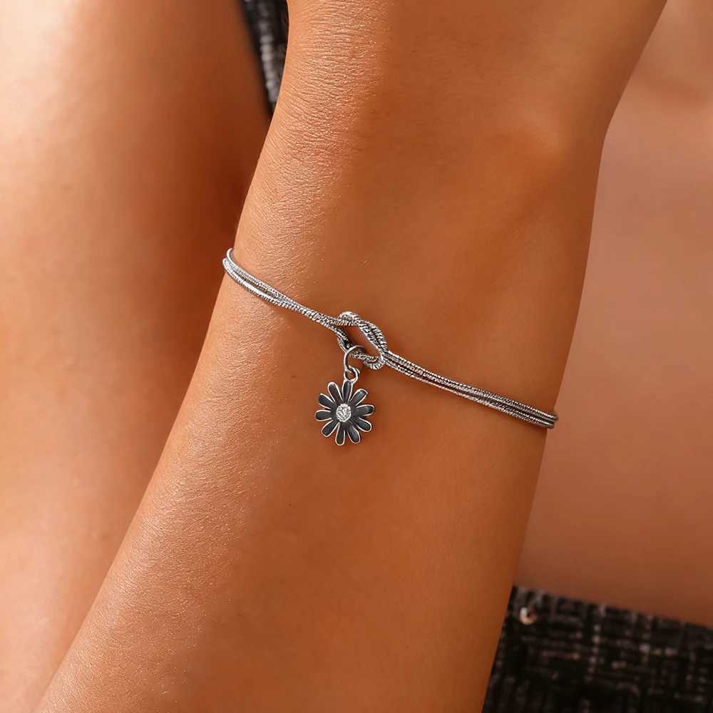 Enamel Flower Charm Bracelet Stainless Steel Gold Color Adjustable Love Knot Double Snake Chain Women Cherry Blossom JewelryXJ251105