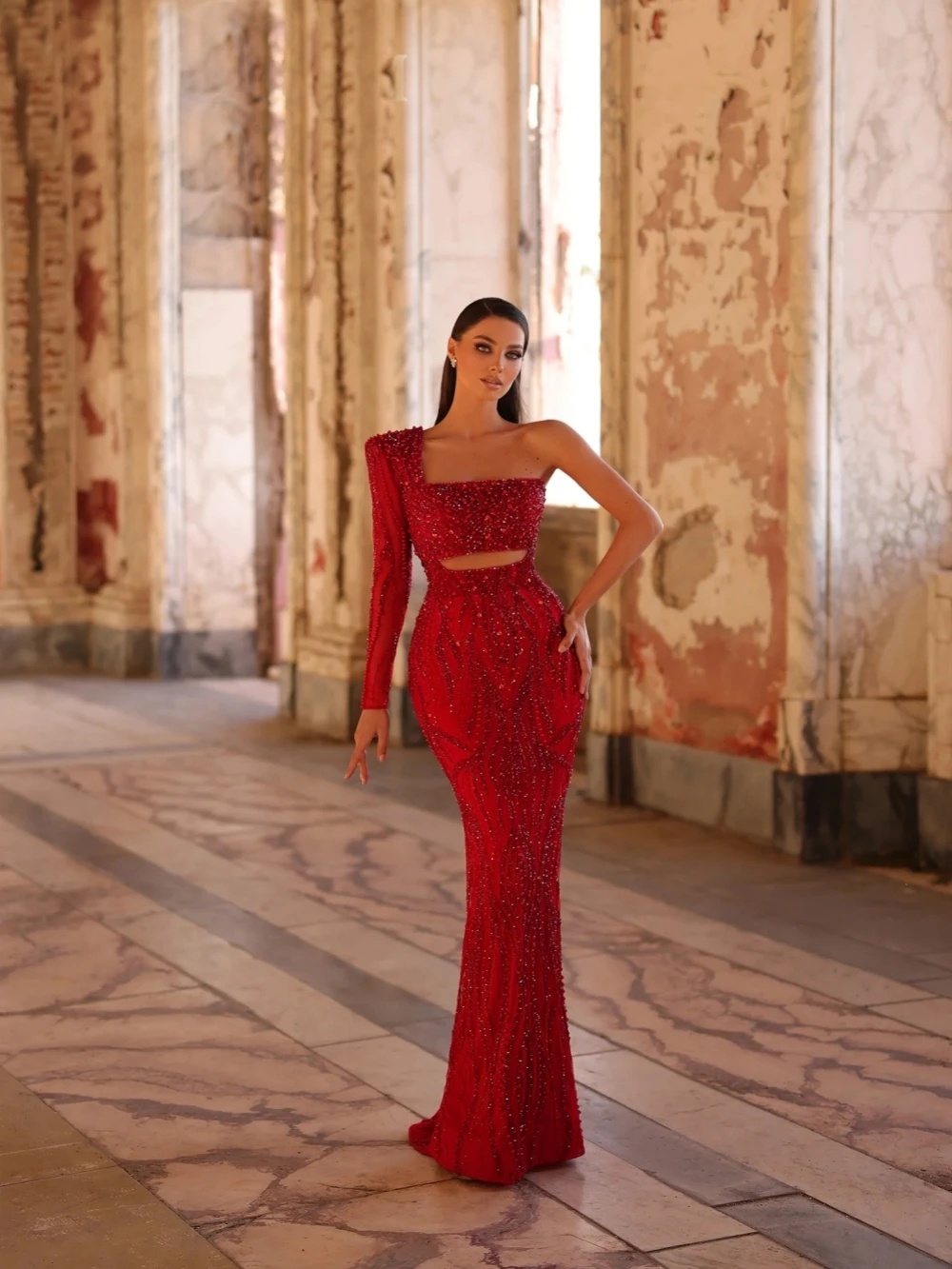 Modern Evening Dresses One Shoulder Prom Gowns Sequins Pearls Long Sleeves Princess Sweep Train Customized Vestidos De Noche Plus Size